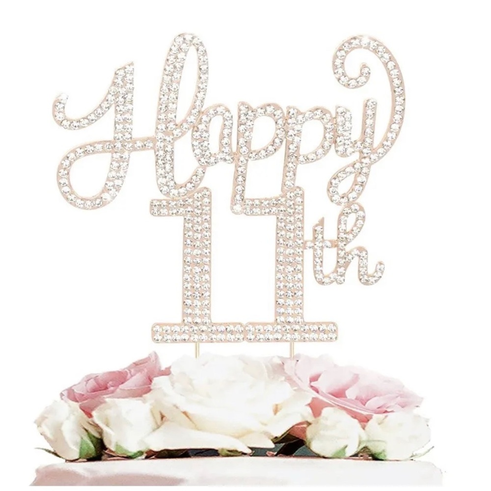 Cake topper Happy 11th  birthday- Gold WithCrystals